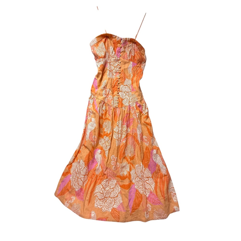 Farm Rio Orange Parrot Macaw Floral Linen‎ Blend Midi Dress Size L Large - Picture 6 of 11